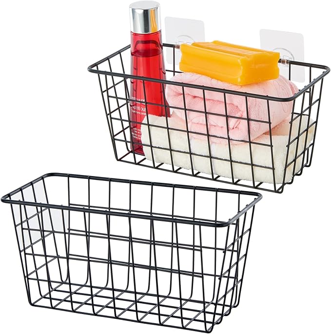 JUNCHU CHERRY 2 Pack Hanging Storage Basket, Bathroom Basket, Household Goods, with Traceless Tape, no Drilling, for Cabinet Storage, Kitchen, Bathroom, Storage Room,Black