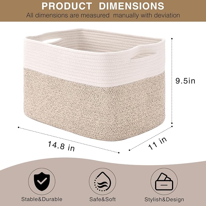 Storage Baskets for Organizing 14.8×11×9.5 Off White & Brown | Woven Storage Bins for Shelves, Toys, Books, Towels, Cotton Rope Basket for Living Room Bathroom Bedroom Nursery, 3 Packs