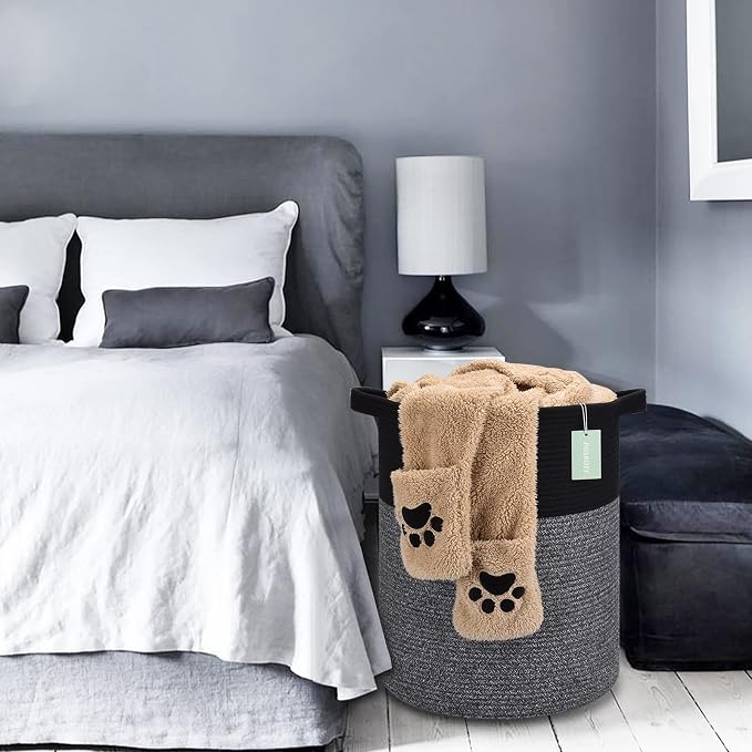 Cotton Rope Blanket Basket, 72L Tall Laundry Hamper, Black & Gray
