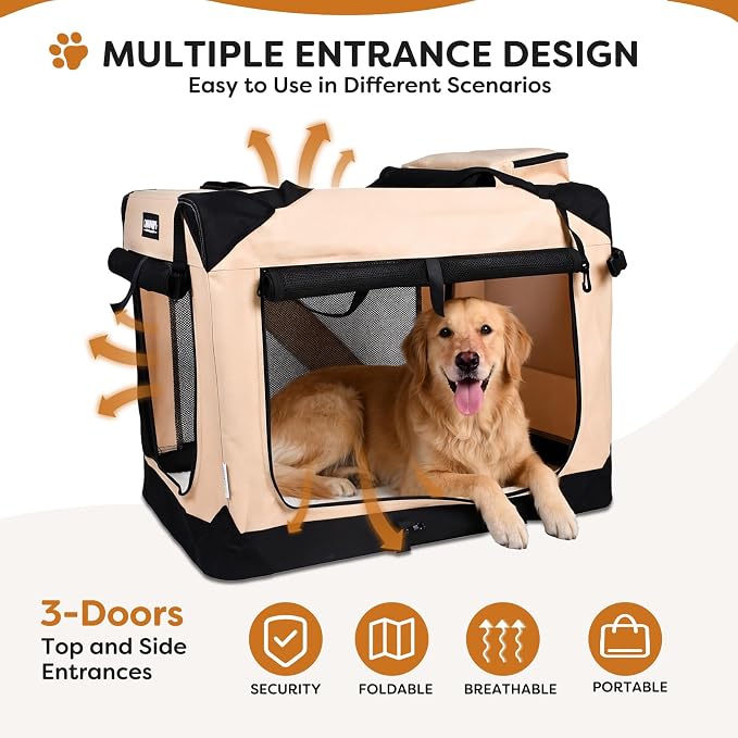 Jespet 3 Door Soft Dog Crates Kennel for Pets, Folding Travel Pet Carrier | 3 Mesh Doors 36'' Dog House, Large Pocket, Easy to Install, Steel Frame, Removable Crate Pad, For Indoor & Outdoor
