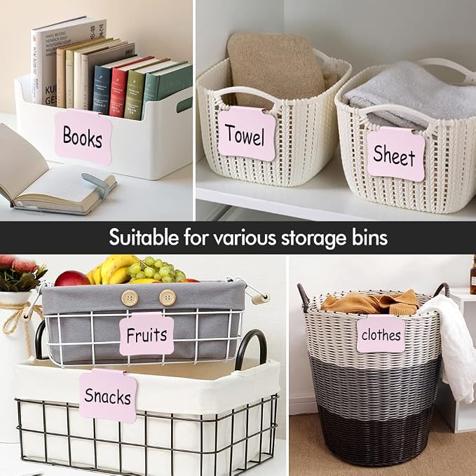 20PCS Basket Labels Clip On, Removable Plastic Bin for Storage Bins, Pantry Organization and Storage Hanging Tags for Basket Cube Box, in Pink
