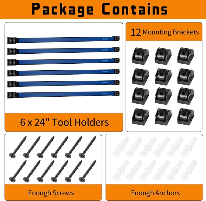 24" Magnetic Tool Holder Strip, 6 Pieces Blue Metal Tool Organizer Rack with Stainless Steel Surface, Magnet Bar for Garage Workshop, Easy To Install with Mounting Screws