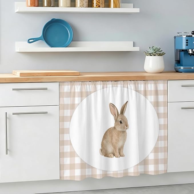 Rabbit Plaid Oven Skirt Curtain for Kitchen Decor 28"x35", Modern Farmhouse Checkered Rustic Animal Self Adhesive Stove Curtains Skirt Cabinet Curtains for Bathroom Laundry Room