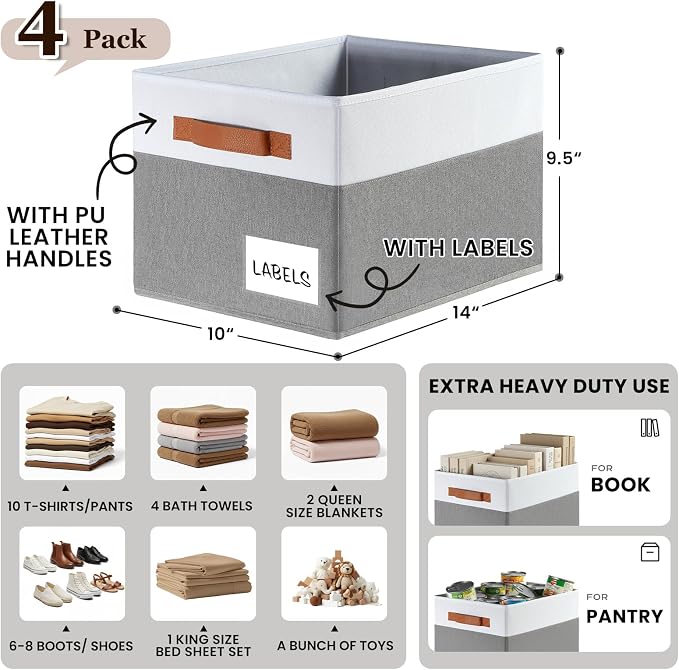 Large Closet Storage Baskets for organizing 4 Pack, Non-Dust-Absorbing Closet Shelf Organizer Bins with Handles & Labels - Decorative Collapsible Baskets for Living Room Bedroom Nursery Dorm