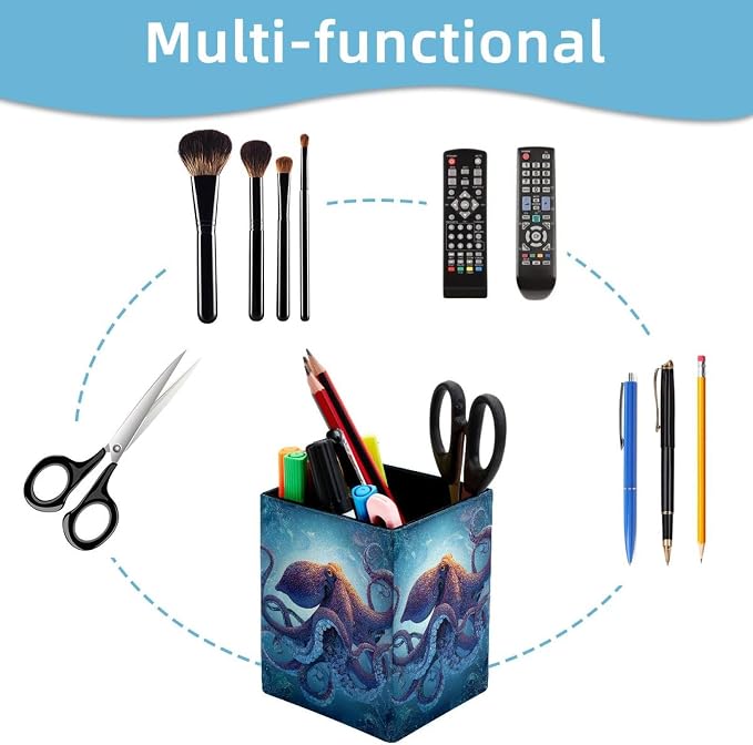 octopus Pen Holder for Desk Decor, Rectangular PVC Leather Pencil Cup for Desk Pen Organizer, Makeup Brush Holder for School, Home, Office