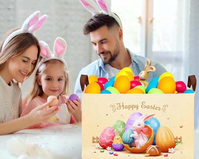Large Rectangular Easter Baskets Empty Waterproof Boy Toy Box Foldable Kid's Gifts Storage Bin Spring Room Decor(Shell Breaking Rabbit Chicken)