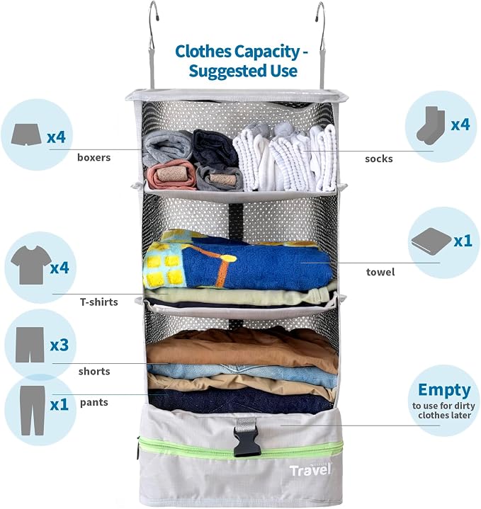 Stow-N-Go Portable Hanging Travel Shelves, Packing Organizer for Luggage. Carry on Closet with Hanger for Clothes. Expandable Packing Cube. Travel Essentials, Light Gray - L