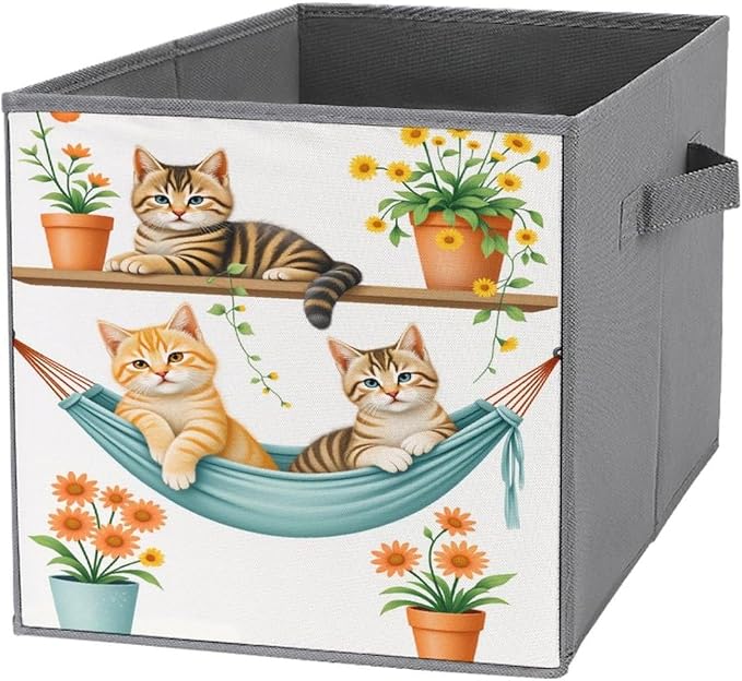 Animal Cat Flower Foldable Storage Bins, 10.6" Cube Storage Organizer, Sturdy Oxford Cloth Fabric Baskets for Closet, Shelf, Nursery, Bedroom, Decorative Printed Box for Toys & Clothes