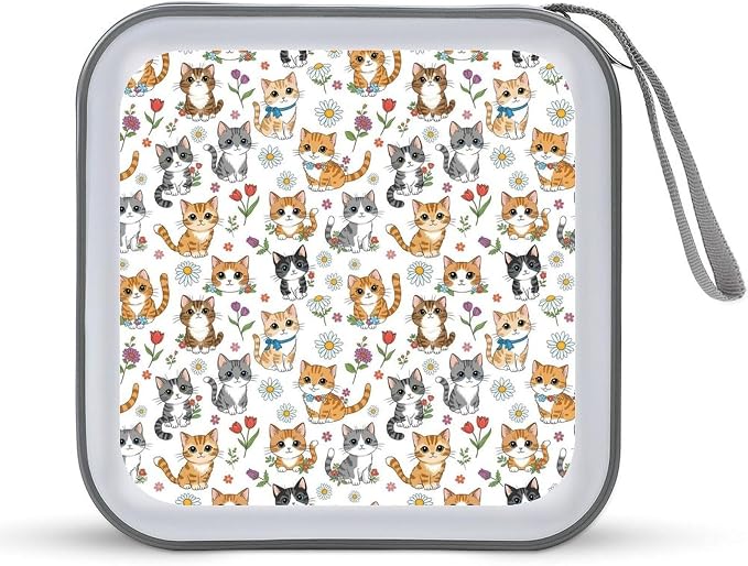 Hard Shell DVD CD Organizer Kawaii Cat Kitten, 40-Disc Storage Binder with Zipper Closure, Portable Protective Case for Travel Home