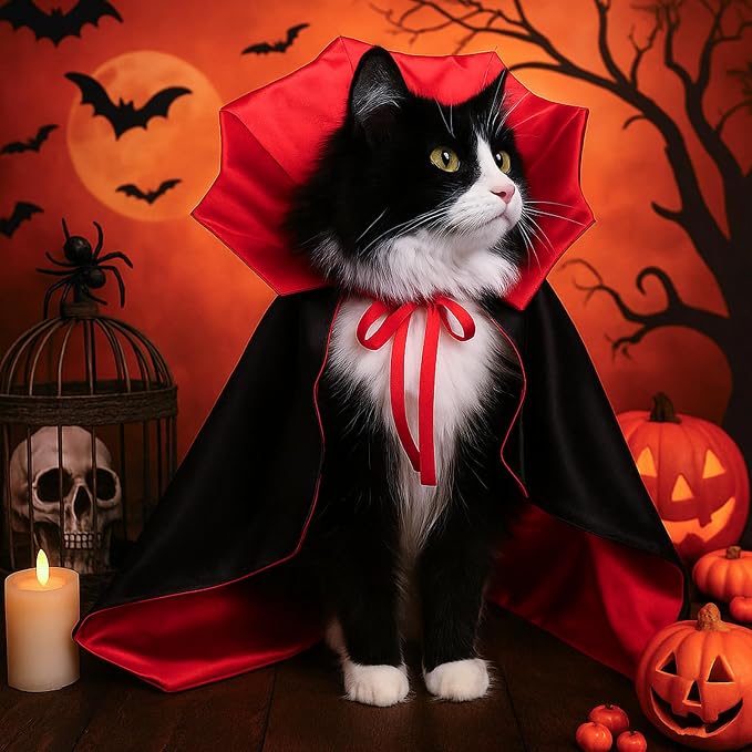 Halloween Vampire Cloak Costume,Stand-Collar Pet Cape Accessories | Wizard Outfit Costume, Witch Cosplay Apparel Supplies, for Small Medium Cats Dogs Animals, Party