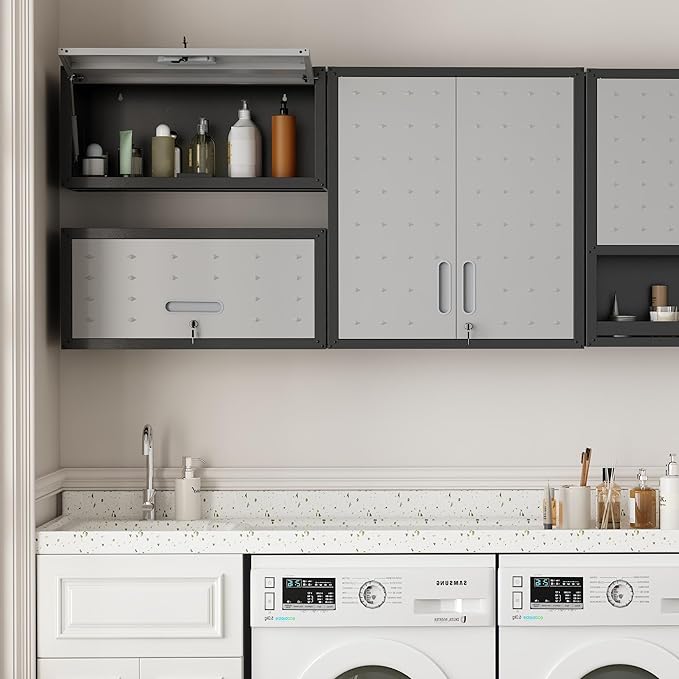Garage Wall Cabinet Metal Storage Cabinet with Lockable 2 Doors | Wall Mounted Heavy Duty Steel Tool Cabinet Hanging Cabinet for Garage Warehouse Bathroom Kitchen,Assembly Required