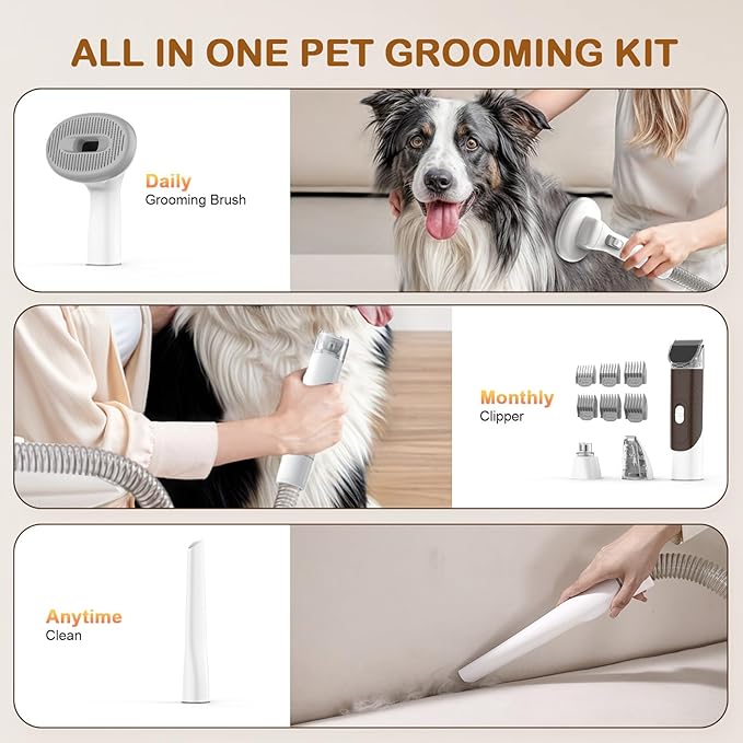 Dog Grooming Vacuum, Dog Grooming Kit with Pet Clipper Nail Grinder, 3 Suction Modes Dog Brush Vacuum with 6 Pet Grooming Tools(Camel)