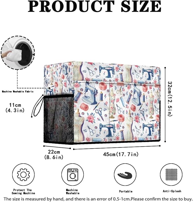 Sewing Themed Sewing Machine Cover with Storage Pockets,Dust & Pet Hair Protection,Fits Standard Singer, Brother and Janome Machines, Protecting & Decorating Your Sewing Space (White)