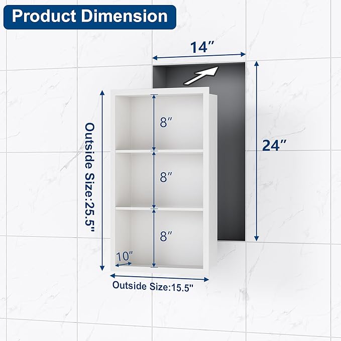 Qeke 14x 24 Medicine Cabinet Recessed with 3-Tiers Shelves, Matte White | 304 Stainless Steel Medicine Cabinet without Mirror, No Tile Needed Wall Niche for Bathroom Storage, Space Saving & Durable