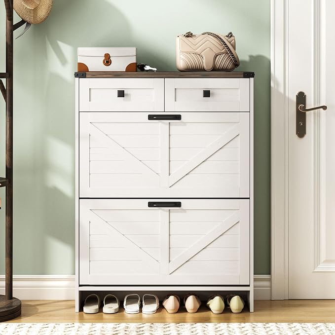 Halitaa Shoe Cabinet with 2 Flip Drawers & 2 Drawers,Farmhouse Shoe Storage Cabinet for Entryway,Slim Freestanding Narrow Organizer Rack for Front Door Entrance,White