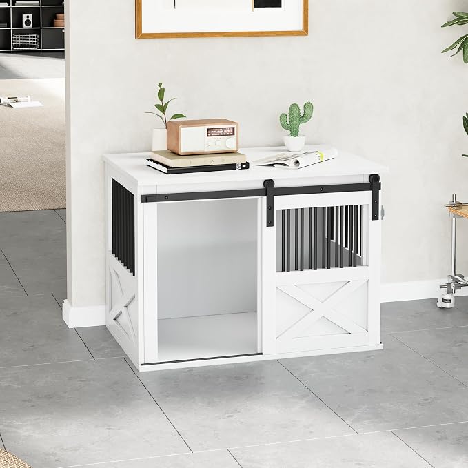36" Wooden Dog Crate Furniture,Big Kennel Pet Cage End Table for Indoor | for Large Medium Dogs, White, Fits Living Room Bedroom, Heavy Duty Steel Frame,Sliding Barn Door,60 lbs Cap, 100 lbs Top.
