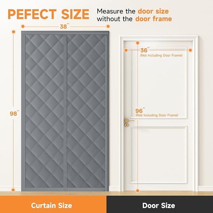 Magnetic Thermal Insulated Door Curtain for Winter Fits Door Size 36" x 96", Temporary Thermal Door Cover for Cold with Thickened Cotton, Window Insulation Kit for Sliding Glass Doorways - Gray