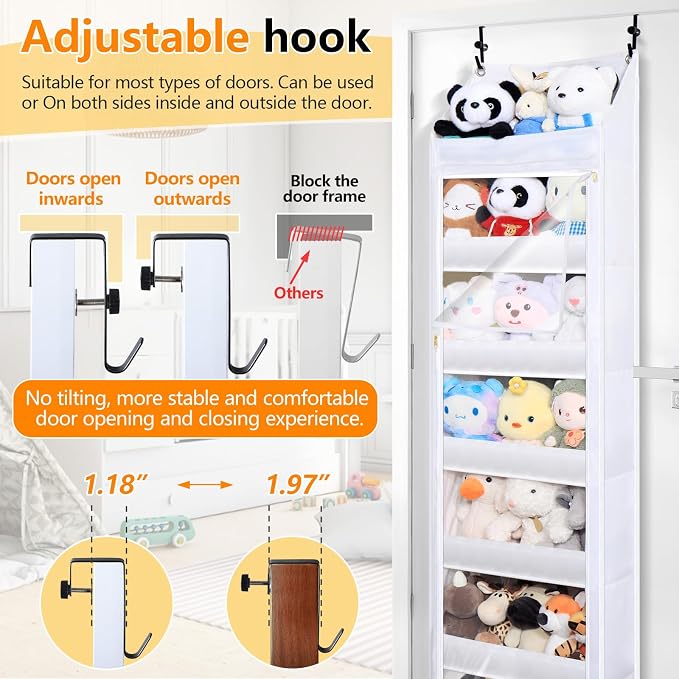 Over the door stuffed animal storage, dust-proof door organizer hanging,【holds up to 70 lbs】Ideal for organizing on doors, such as yarn storage, plush toys, diapers, and other small to medium items.