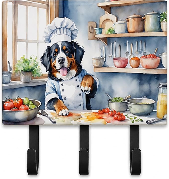 Caroline's Treasures Bernese Mountain Dog The Chef Leash or Key Holder Wall Hooks, Key Hooks Holder, Coat Rack Wall Mount, Coat Hooks, Hooks for Hanging Keys, Towels, Aprons, Leashes | Bernese Mountain Dog The Chef artwork on ceramic tile with three st...