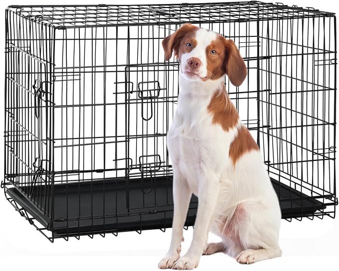 42 Inch Extra Large Dog Crate, Heavy Duty Dog Crates for Large Dogs, Metal Wire Folding Dog Cage with Removable Trays, Locks, Double-Door, Divider Panel, Handle, XL Dog Crate Pet Crate (42 in, Black)