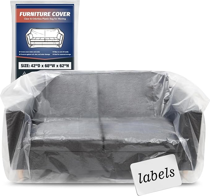 Clear Plastic Moving Loveseat Furniture Storage Covers | Extra Large 68x 62 x 42 Inch Sofa and Couch Bags, Waterproof and Dust Proof, For Renovation, Wrap, With Labels