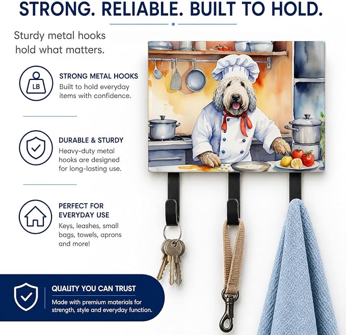 Caroline's Treasures Komondor The Chef Leash or Key Holder Wall Hooks, Key Hooks Holder, Coat Rack Wall Mount, Coat Hooks, Hooks for Hanging Keys, Towels, Aprons, Leashes | Komondor The Chef artwork on ceramic tile with three steel hooks for keys, leas...