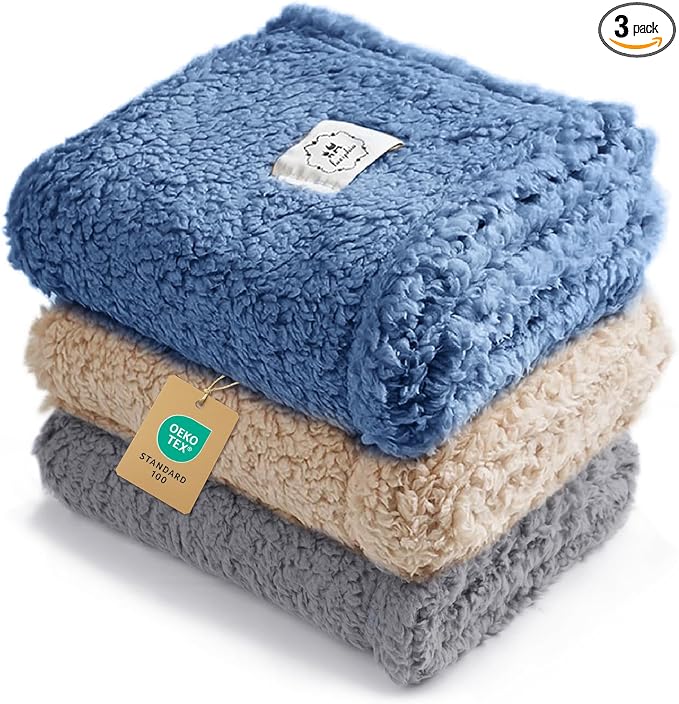 Luciphia 1 Pack 3 Calming Dog Blanket Fluffy Premium Fleece Pet Blankets Soft Sherpa Throw for Dogs Puppy Cat Grey/Beige/HazeBlue Small (23" x16") | Fluffy Throw Blanket Washeble for Crate Bed Couch Indoor. Cozy Pet Blanket, Puppy Essentials Dog gift,G...