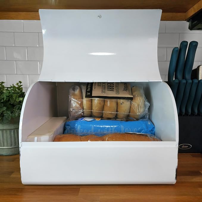 AuldHome Design Large White Bread Box; Farmhouse Enamelware Vintage Style Family Size Countertop Bread Bin