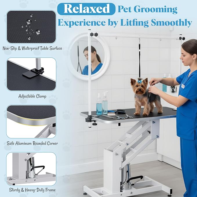 Garvee 43.3 in Hydraulic Pet Grooming Table, Professional Hydraulic Grooming Table w/Max 350 LBS Loading Capacity, 3 Adjsutable Nooses, Adjustable Height Range 22 in -39 in | w/Max 350 LBS Loading Capacity, 3 Adjsutable Nooses, Adjustable Height Range ...