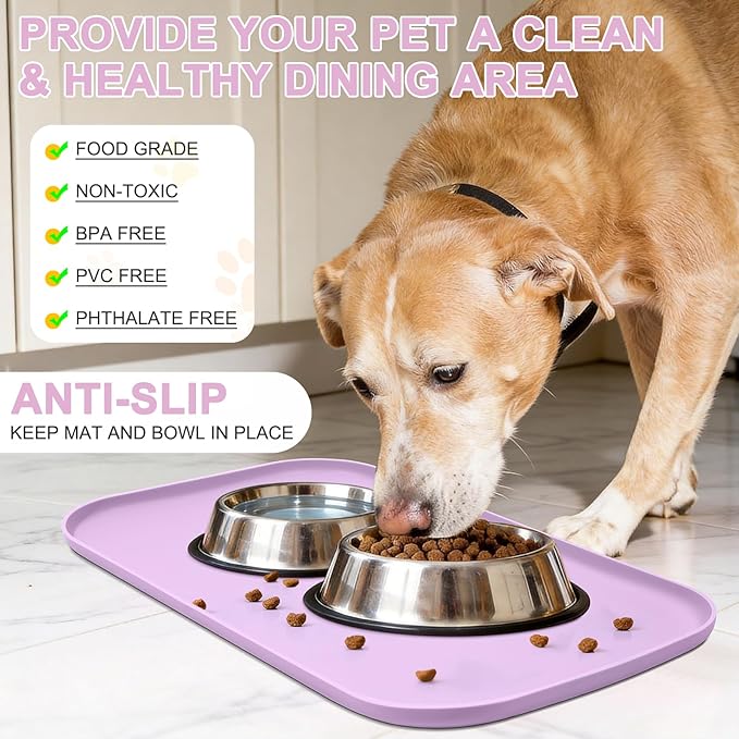 Smilool Silicone Pet Food Mat with Raised Edge for Food and Water Bowl, Dog Feeding Mats, Cat Food Trays for Floor Waterproof, Rubber Tray for Dogs and Cats, 22 x 14 x 0.8 Lavender