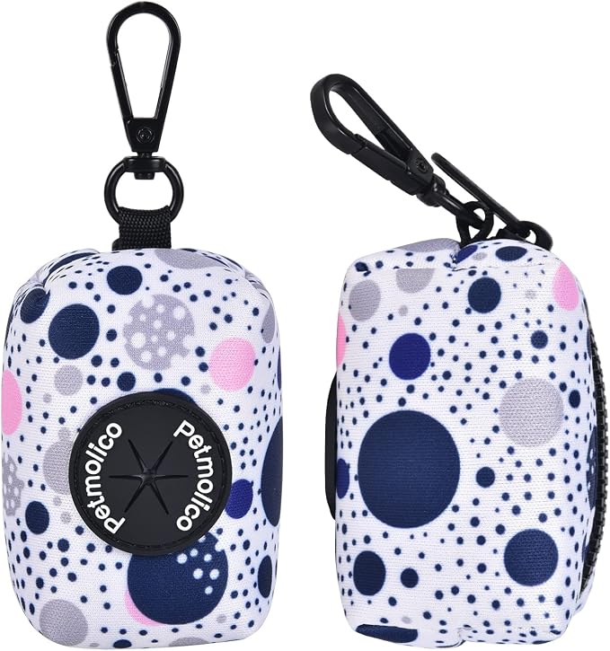 Petmolico Dog Poop Bag Holder Dispenser 2 Pack, Blue Dots | Zippered pouch fits any leash, includes free roll of bags, lightweight & portable for daily walks, travel & outdoor use