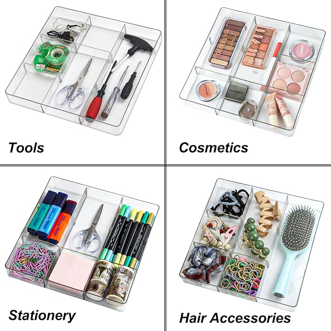 ZEXALOR Adjustable Clear Drawer Organizer, Plastic Drawer Divider Tray with Removable 9 Sections for Desk,Bathroom,Office,Makeup,Junk