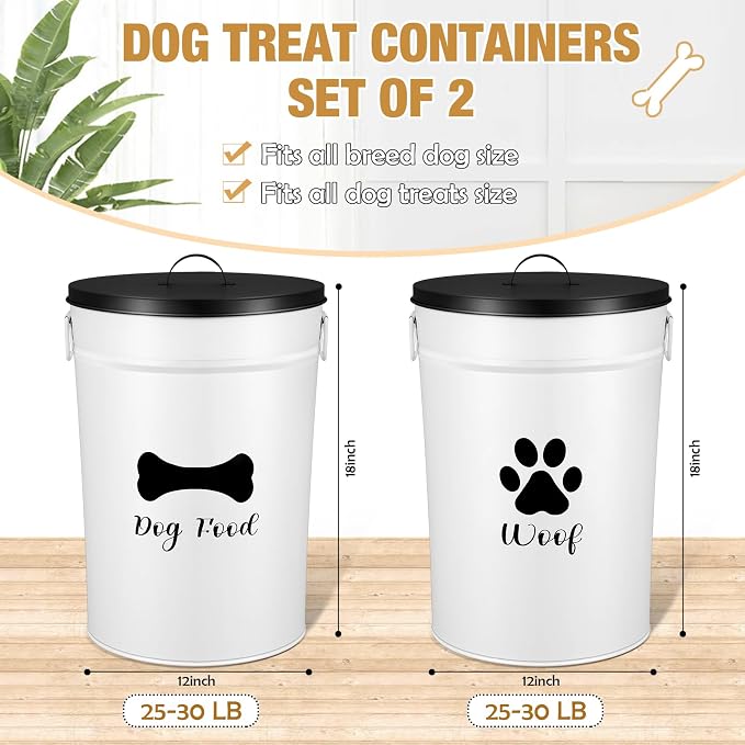 DoubleFill Extra Large 30 lb Metal Dog Food Storage Containers, White | Airtight Dog Treat Snack Jars with Lids and Spoon, Farmhouse Style Big Pet Cookie Storage Bin for Kitchen Counter, Set of 2