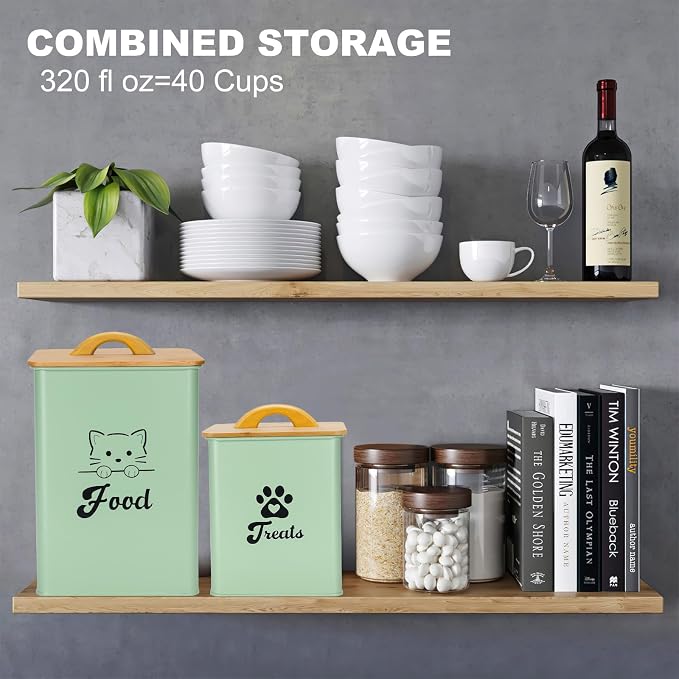 Cat Food Storage Container with Scoop, 2PCS Cat Food Storage Container with Lids Airtight, Cat Treat Jars for Kitchen Counter-7+3Lbs, Cat Cookie Jar for Storage,Saga Green