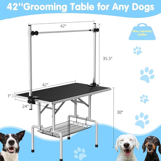 42'' Foldable Dog Grooming Table with Arms/Nooses/Mesh Tray, Black | Stainless Steel Grooming Table for Dogs at Home, Adjustable Pet Bathing Station, Non-Slip Waterproof Tabletop, Capacity 330Lb