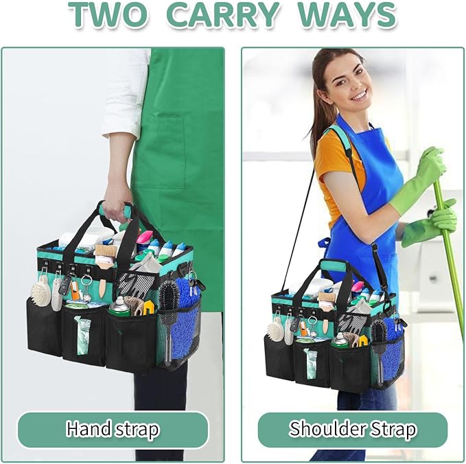 Boczif Cleaning Caddy Bag Wearable,Cleaning Caddy Supplies Organizer(Green) | with Handle, Shoulder Straps & Detachable Divide, Cleaning Tool Organizers Tote Bag for Cleaners & Housekeepers