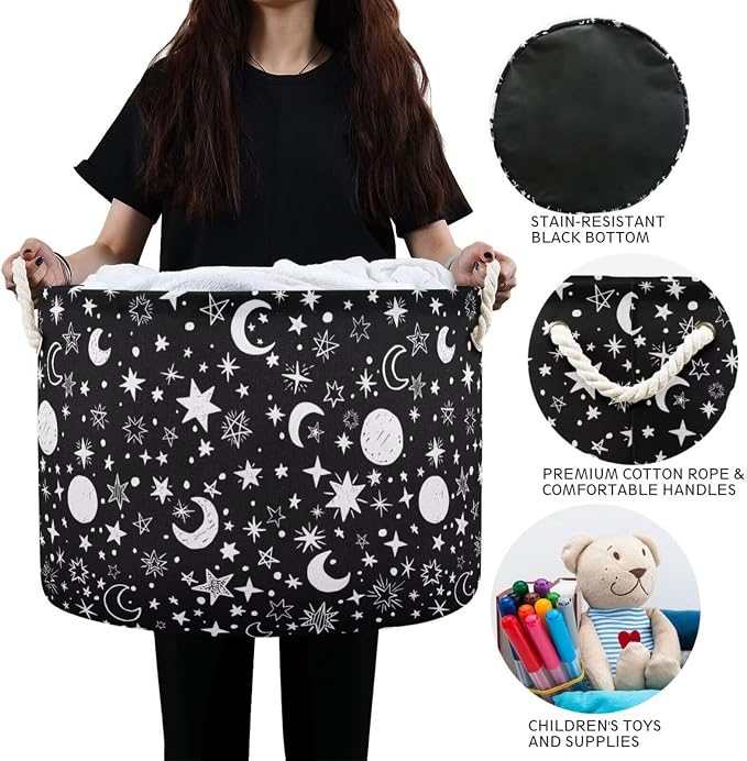 Stars Moon Print Collapsible Round Storage Basket with Handles | Black White Gothic Large Laundry Baskets Hamper, Clothes Organizer Bin for Bedroom Living Room Decor, 20x 20x 14 Inches