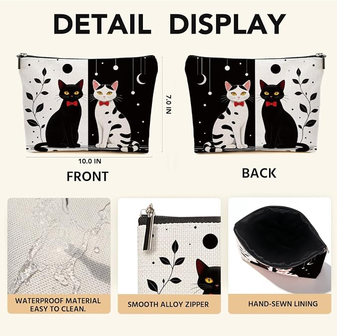 Cute Black White Cat Makeup Bag Cats Gifts Cosmetic Bag Zipper Pouch | Travel Toiletry Bags Christmas Birthday Gifts for Women Mom Girls Sisters Daughters Friends Cats Lover Pet Owner