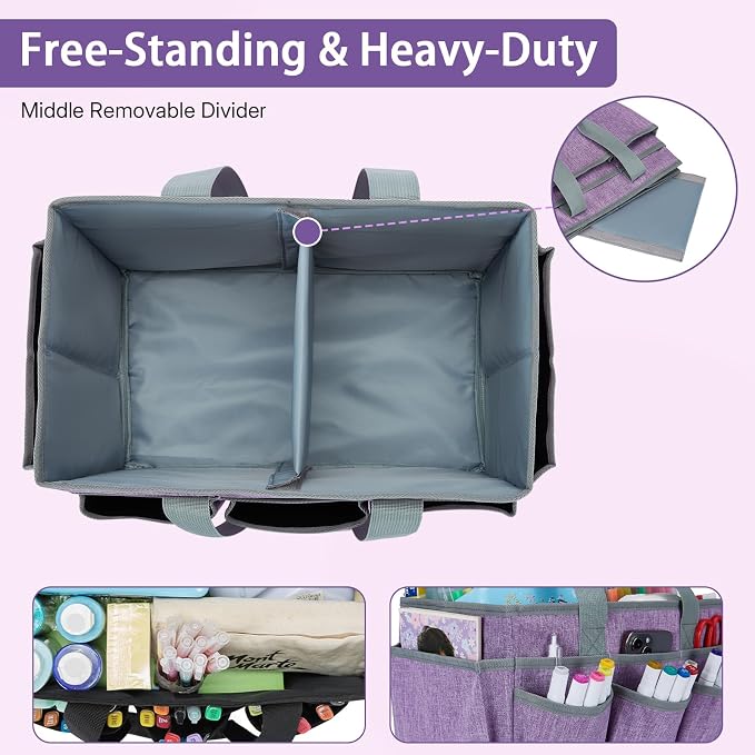 Craft Organizer Tote Bag, Art Storage Caddy with Multiple Pockets | Art Supplies Storage, Sewing Bag, Scrapbooking for School, Home and Office (Purple)