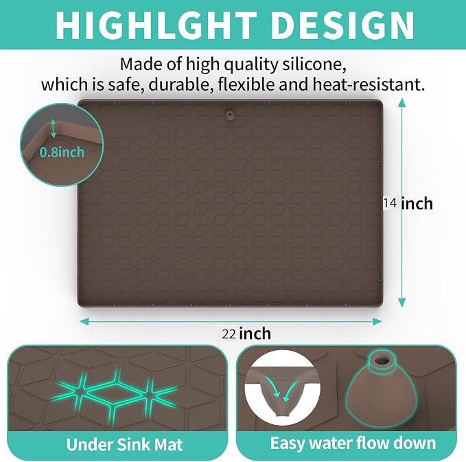 Under Sink Mat, 14"x22" Under Sink Mats for Kitchen, Silicone Waterproof Under Sink Liner, Sink Cabinet Organizer Tray with Drain Hole