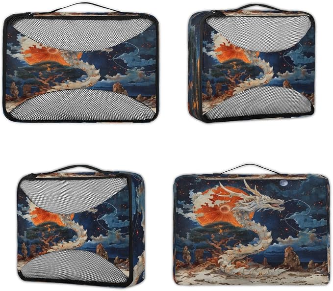 Dragon 4 Set Travel Packing Cubes for Accessories, Suitcase Organizers Luggage Bags Set with Double Zippers & Mesh Top