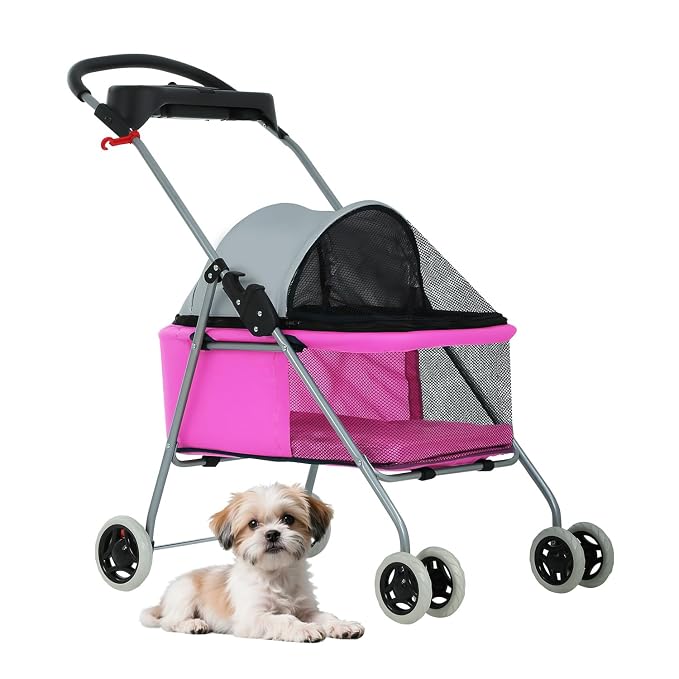 BestPet Foldable Pet Stroller for Small/Medium Dogs and Cats Up to 33 lbs | 4-Wheel Stroller Pet Strolling Cart w/ Breathable Mesh, Lockable Rear Wheels, Cup Holder/Tray & Storage Box, Pink
