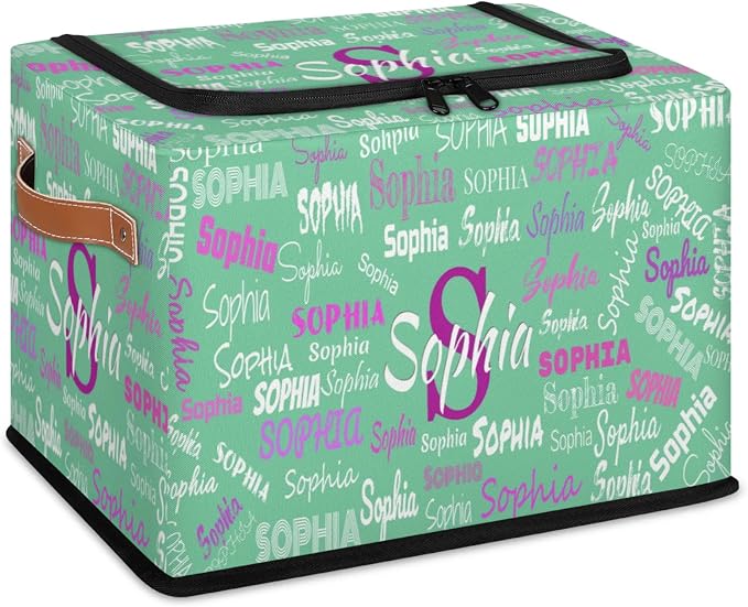 Personalized Storage Basket with Name, Mint Green Background Rectangle Toys Storage Bin with Handles Zipper Lid for Baby, Boys, Girls, Collapsible Basket for Clothes, Books