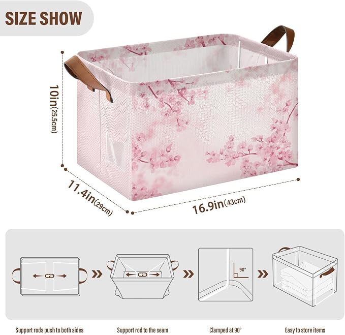 Pink Cherry Blossom Storage Bins for Shelves with Labels&Handles Fabric Organizer Bin Foldable Rectangle Storage Basket Japanese Flower Boxes for Closet, Bathroom, Home, Living Room, Laundry