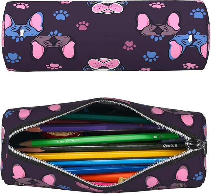 OSAM SPACE Leather Pencil Case Round Pencil Bag Cute French Bulldog Pen Organizer Holder Portable Zipper Pouch Cute School Supplies for Girls Boys Study Office