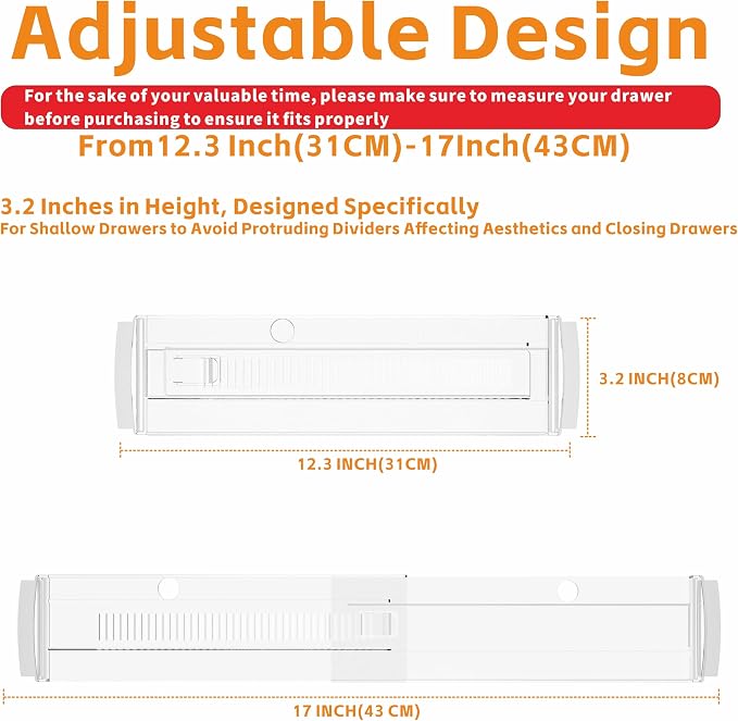 5 Pack 3.2 Inch Shallow Acrylic Drawer Divider for Clothes -Expandable from 12.3-17''-Adjustable Dresser Drawer Divider for Baby Clothing,Underwear,Clear in Drawer Separators for Kitchen,Office