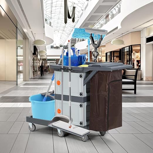 Commercial Janitorial Cart with 2 Cabinet, Traditional Janitorial 3-Shelf Cleaning Cart On Wheels, Plastic Housekeeping Cart with 30 Gallon Bag, 200 Lbs Load Capacity