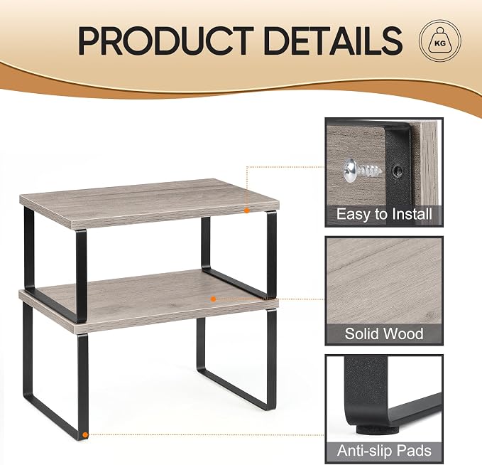NEX Kitchen Cabinet and Counter Shelf Organizer, Shelf Riser for Pantry Countertop Cupboard Desk Top, Stackable & Expandable, Set of 4, Black and Greige | Stackable & Expandable Spice Rack, Space-Saving Pantry Organizers Bathroom Countertop Storage, Bl...