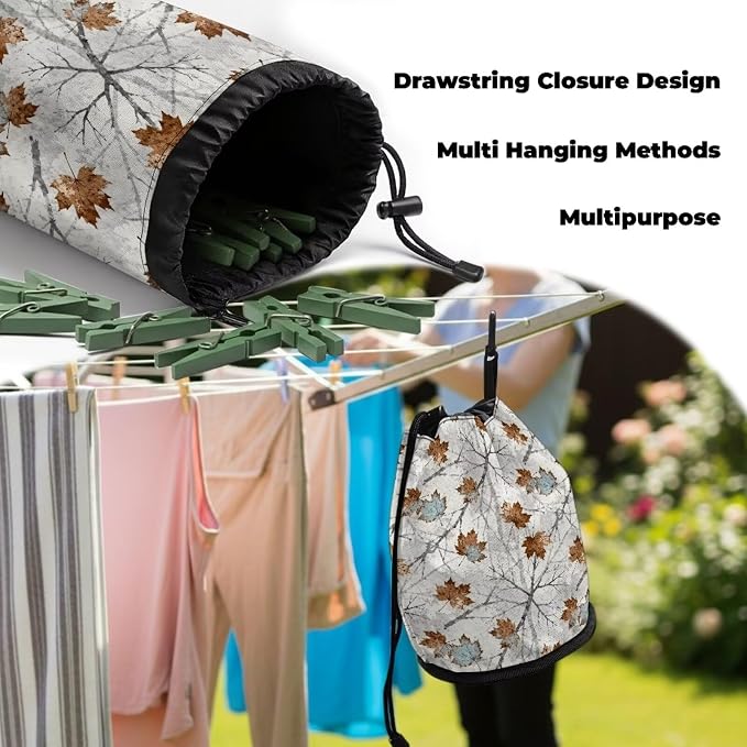 Large Capacity Clothespin Bag with Hanging Hook Bare Branch Maple Leaf Waterproof Clothes Pin Hanging Bag Clothespin Storage Organizer with Large Opening