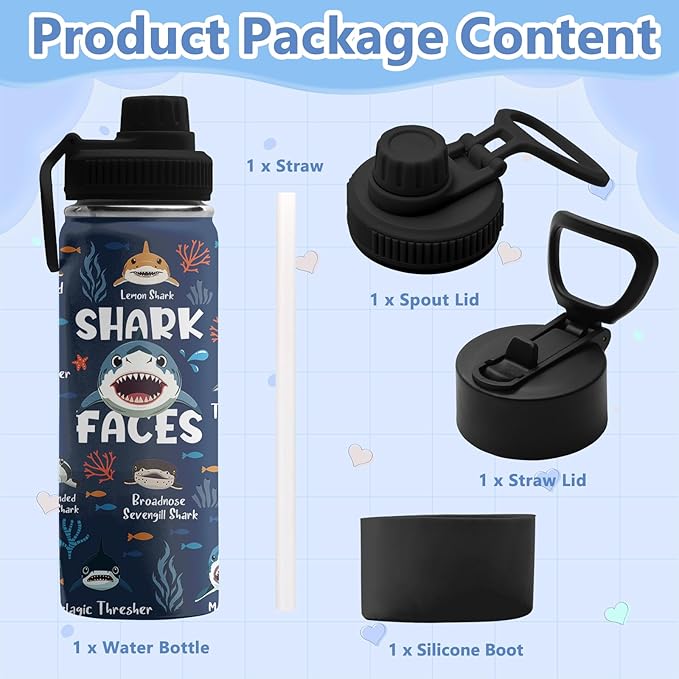 Shark Gifts for Boys, 18 oz Stainless Steel Water Bottles with 2 Lids, Insulated Water Bottle with Straw, Shark Cups for Travel Sports Outdoor, Birthday Christmas Gifts for Boys Ocean Animals Lovers